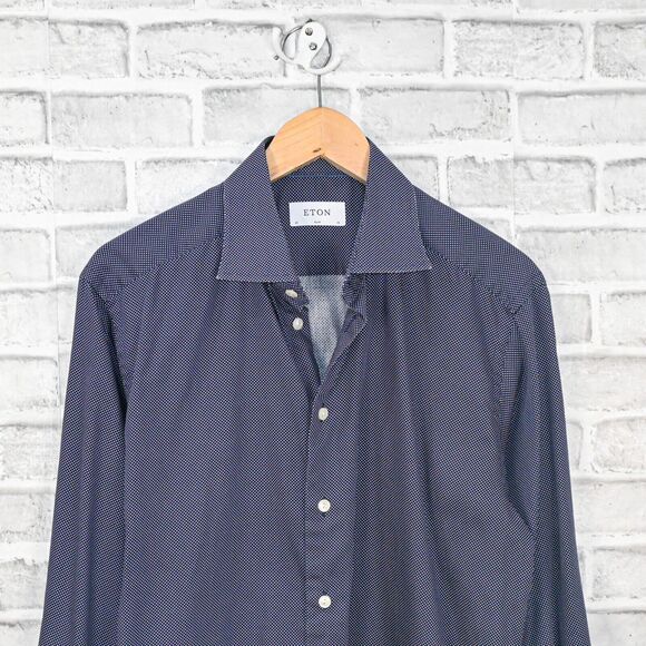 ETON Men's Slim fit Button up Shirt Navy with mini polka dots size 16 - Picture 5 of 5